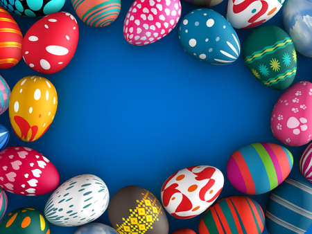 Easter eggs with blue color copy space background 3d illustration の写真素材