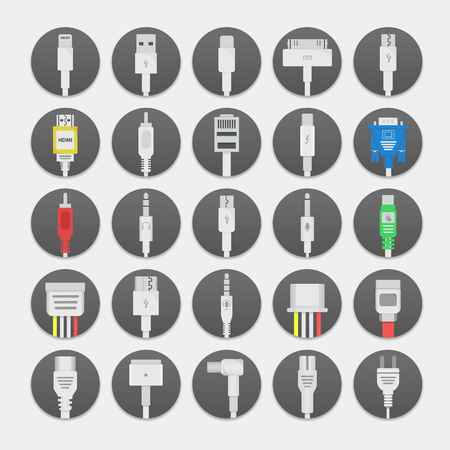 Data transfer and power supply jack cables icons. Smartphone, PC, laptop and tablet support cables. connection technology in flat design. Audio, Video, Power and Data connectors with shadowsのイラスト素材