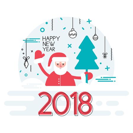 Happy New Year 2018 year with ribbon and santa holiday background. Christmas decoration element. Vector illustration in flat style designのイラスト素材