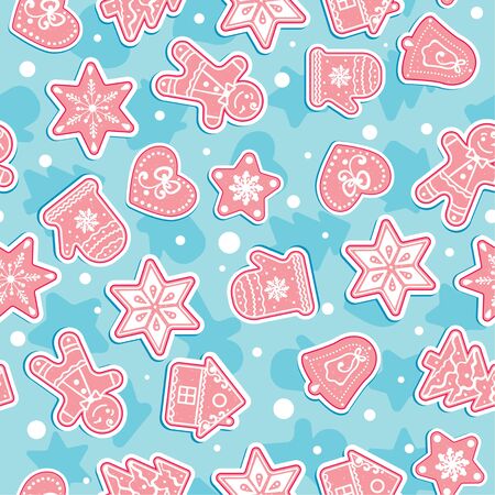 Doodles Christmas Cookies. Gingerbread - Vector Seamless pattern. Celebratory background. Christmas wallpaper.のイラスト素材