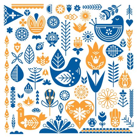 Collection of blue and orange ethnic elements. The Nordic spring set for design.のイラスト素材