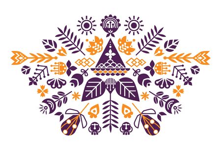 Symmetrical composition of ethnic elements. The spring set for design. Flowers, birds and leavesのイラスト素材