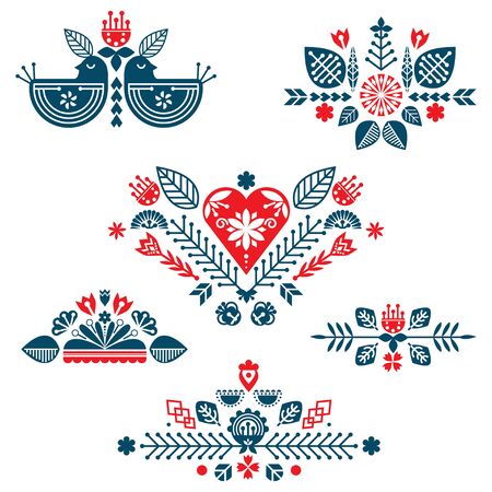 Collection of red and blue compositions of ethnic elements. The Nordic spring set for design.のイラスト素材