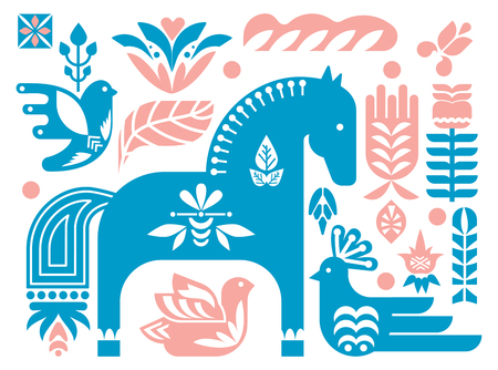 Folk Dala horse pattern, Scandinavian seamless folk art design with flowersのイラスト素材