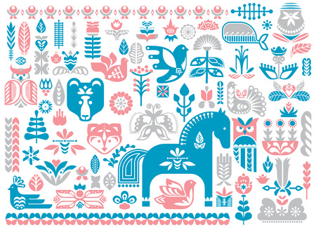 Folk Dala horse pattern, Scandinavian seamless folk art design with flowersのイラスト素材