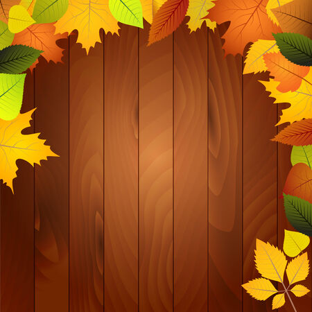 Autumn leaves on a wooden wallのイラスト素材