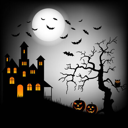 Halloween haunted castle with bats and tree background templateのイラスト素材