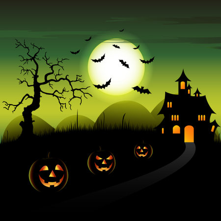 Halloween night green backdrop with castle and pumpkins vector eps 10のイラスト素材