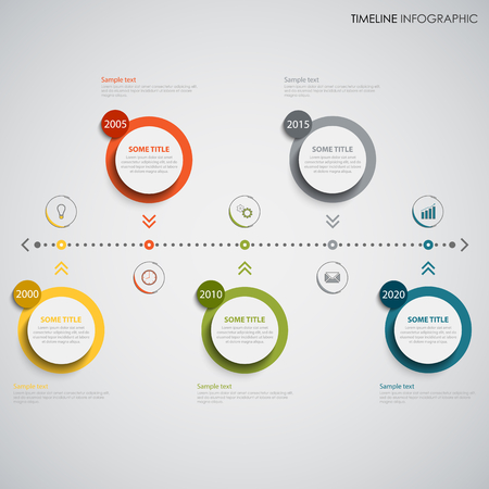 Time line info graphic with colored round design element indicators.のイラスト素材