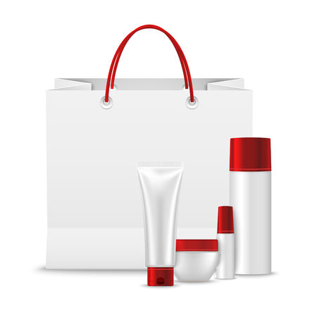 Paper shopping bag with collection of cosmetics template vector illustration.のイラスト素材