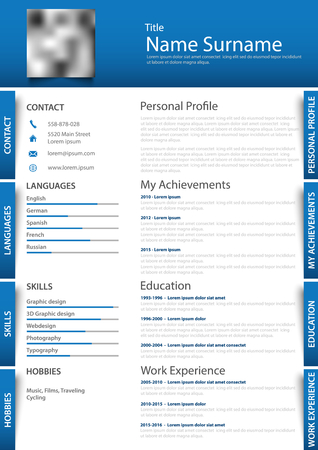 Professional personal resume with labels in blue white design vector illustration.のイラスト素材