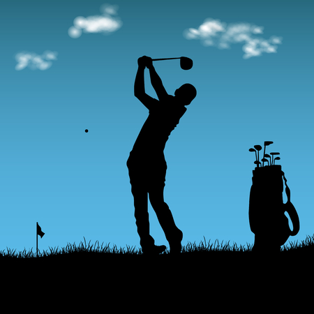 Silhouette of golfer with bag on playground vector illustration.のイラスト素材