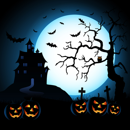 Halloween night blue background with pumpkins and scary castle vector eps 10のイラスト素材