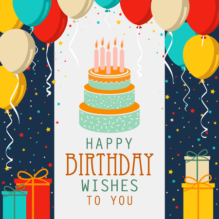 Birthday card with cake and colorful balloons in flat design vector eps 10のイラスト素材