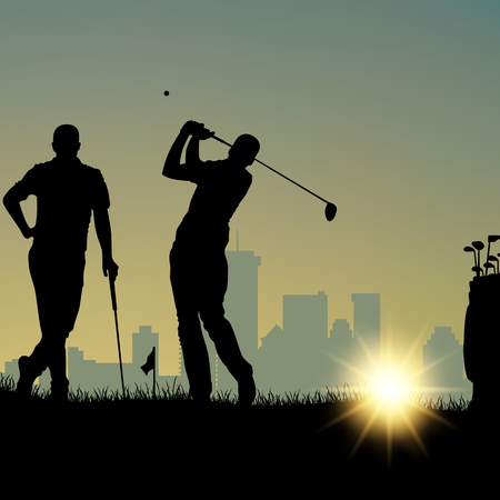 Two golfers silhouette playing on the playground and in city vector eps 10のイラスト素材