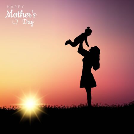 Mathers day poster with little daughter and sunset vector eps 10のイラスト素材