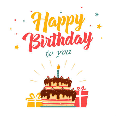 Birthday card with cake and gifts on white background vectorのイラスト素材