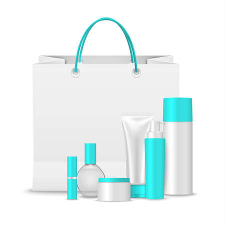 Paper shopping bag with collection of cosmetics in light blue design template vector eps 10のイラスト素材