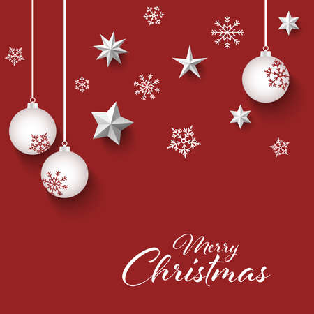 Christmas card with white balls and snowflakes in red design vector eps 10のイラスト素材