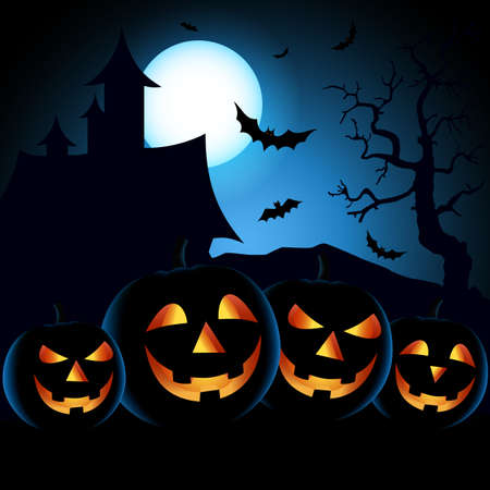 Halloween poster with scary pumpkins in blue black design vectorのイラスト素材