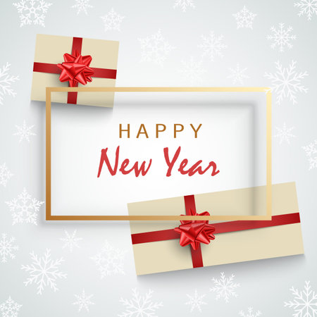 New Year card with gifts and frame on snowy background vector eps 10のイラスト素材