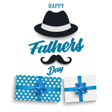 Fathers Day poster with mustache hat and gifts in blue design vector eps 10のイラスト素材