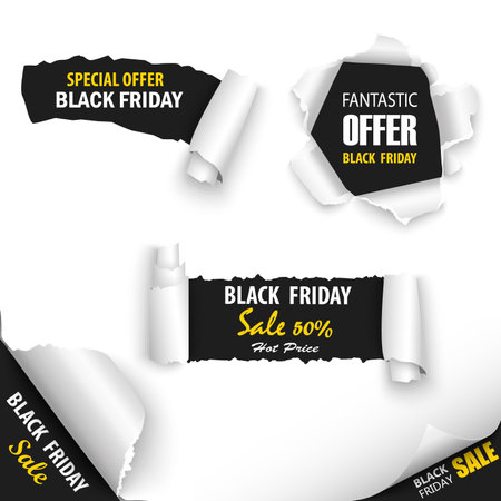Collection Black Friday sale tags on torn paper vector eps 10のイラスト素材