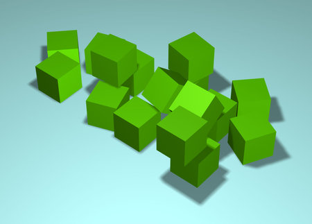 Group of cubes of one size diversly located in three-dimensional space