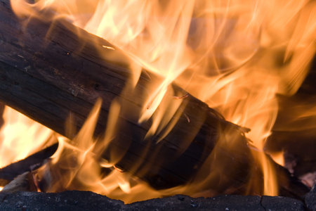 Fire at night. The beautiful flame can be used as a background for a composition.