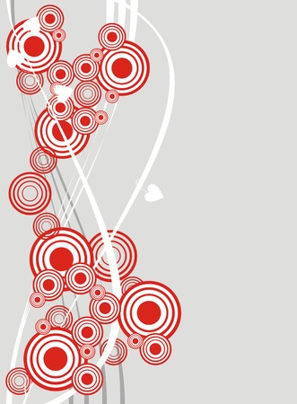 Pattern from waves, foliage and circles of white and red color on a grey backgroundのイラスト素材