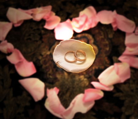Petals are spread out to matters in the form of heart. In the center on a petal rings lay, this petal is shone by magic light on a contour. A background (the matter and petals) are washed away. Very gentle picture.の写真素材