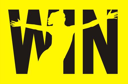 Yellow silhouette of the girl in a word "win" black color on a yellow backgroundのイラスト素材