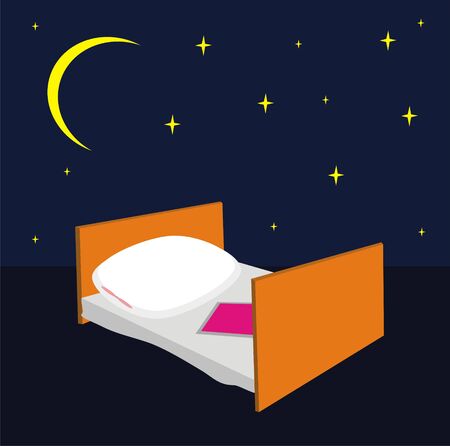 The illustration representing a bed with a pillow and a blanket on a background of the night sky with stars and the moonの写真素材