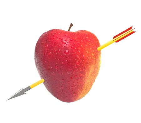 The apple similar to heart, through pierced with the drawn arrow. A photomontage. Isolation on the whiteの写真素材