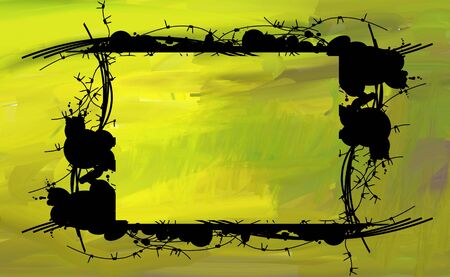 The framework consisting of pieces of a barbed wire and dirty stains on grunge yellow backgroundの写真素材