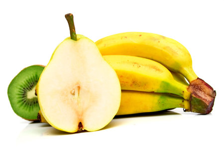 pear, bananas and kiwi on white. Isolationの写真素材