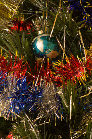 New year Christmas background with blur bokeh of decorated Chritmas treeの写真素材