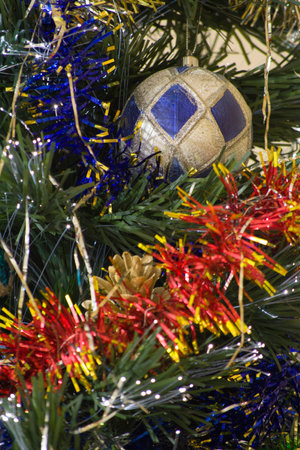 New year Christmas background with blur bokeh of decorated Chritmas treeの写真素材