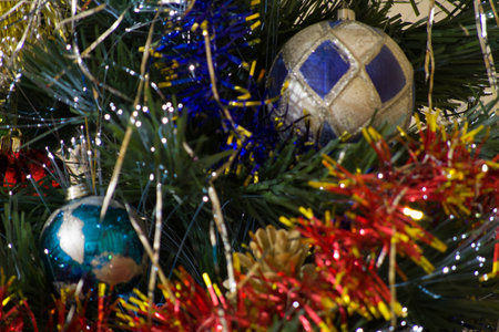 New year Christmas background with blur bokeh of decorated Chritmas treeの写真素材