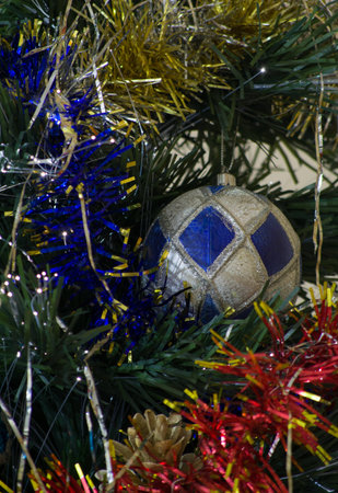 New year Christmas background with blur bokeh of decorated Chritmas treeの写真素材