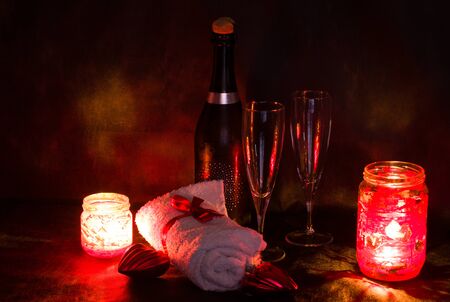 Romantic Valentine day, vine, candle spa setting, romantic dateの写真素材