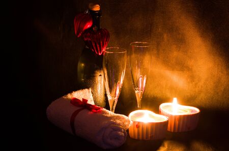 Romantic Valentine day, vine, candle spa setting, romantic dateの写真素材