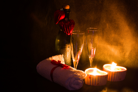Romantic Valentine day, vine, candle spa setting, romantic dateの写真素材