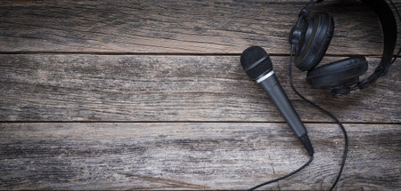 Microphone and headphone on a wooden background
