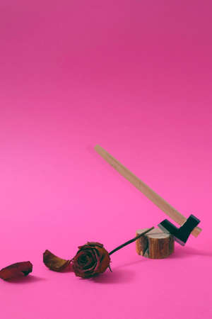 Dried rose and petals, a small wooden ax on a stump, on a pink background. Text space. Decor, metaphor, message concept. Minimal style.の写真素材