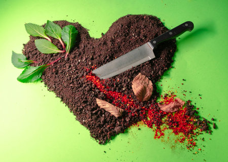 heart-shaped earth with a knife on a greene background with leaves