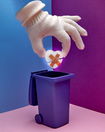 Trash can. A hand in a white glove holds a broken heart with patches. Hand gesture.