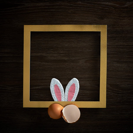 On a dark wooden background, egg shells and rabbit ears with a square gold frame. Text space. Top...