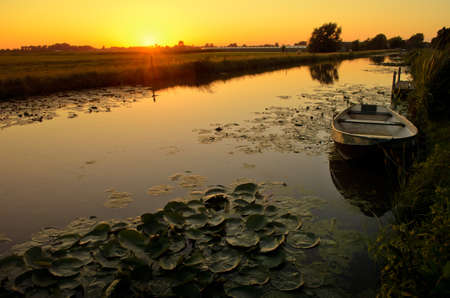 Sunset in a landscape in rural Holland with a ditch, an old boat and a bunch of waterlily.の写真素材