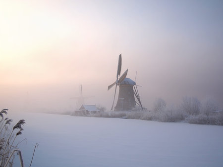 Sunrise in winter over a frozen canal and windmills at the famous dutch site Kinderdijk, Holland.の写真素材